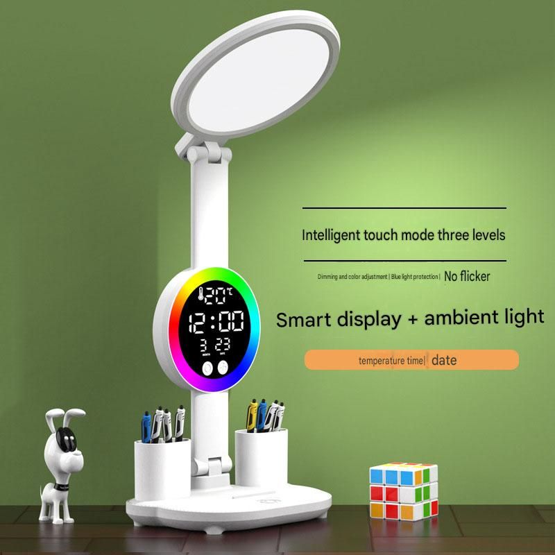 LED Foldable Eye-Caring Reading Desk Lamp with Smart Clock Display, USB Rechargeable Study Light, Pen Holders & Phone Stand