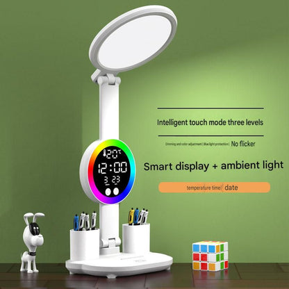 LED Foldable Eye-Caring Reading Desk Lamp with Smart Clock Display, USB Rechargeable Study Light, Pen Holders & Phone Stand