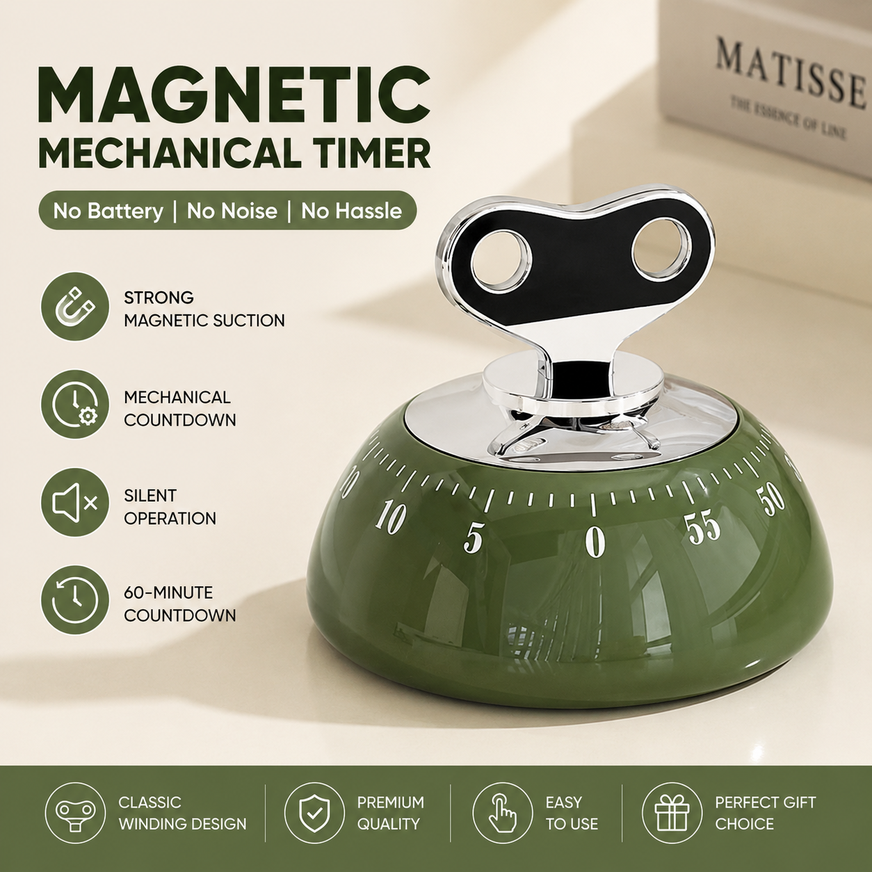 Green 60-Minute Magnetic Mechanical Kitchen Timer Countdown Clock for Cooking, Study, Productivity and Time Management