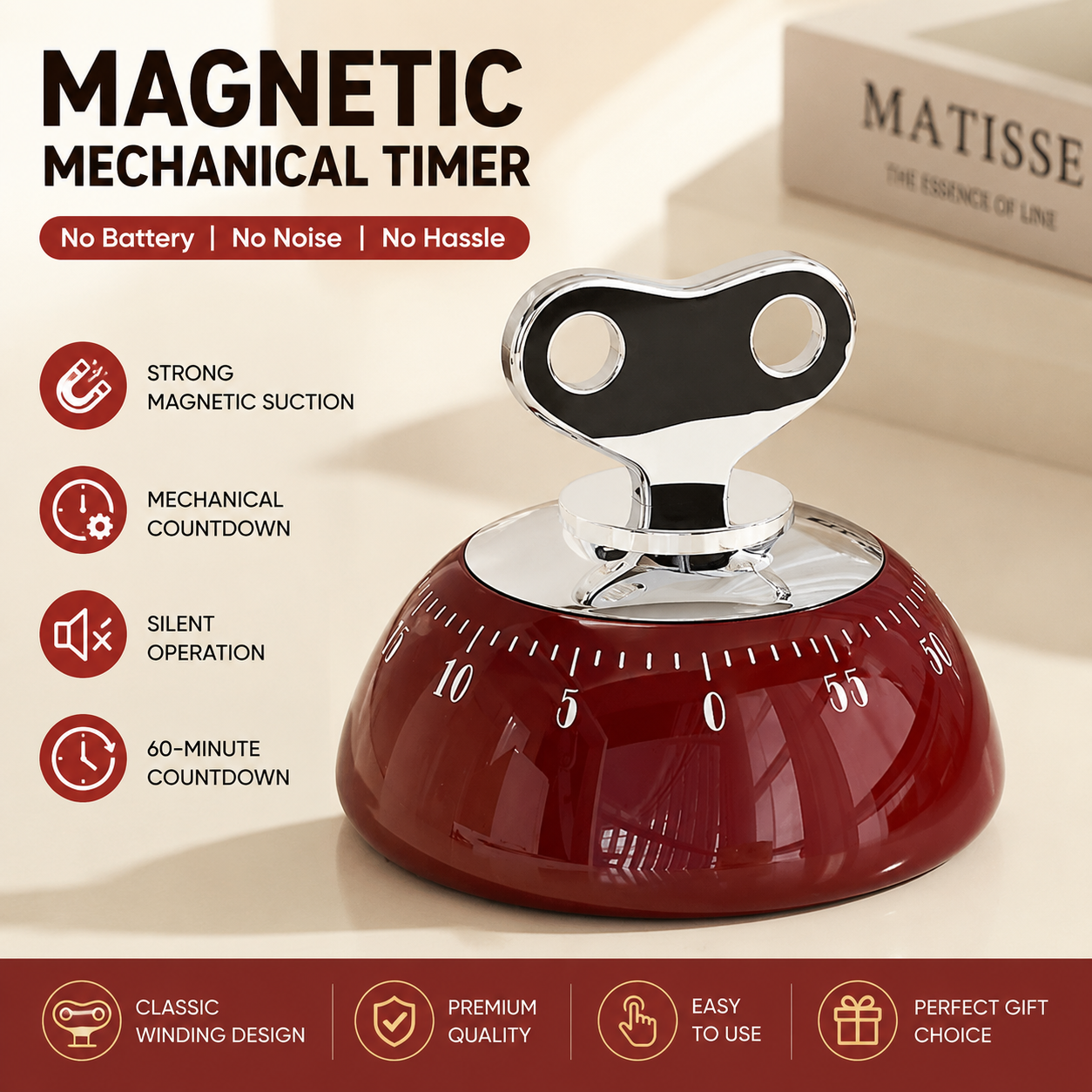 Red 60-Minute Magnetic Mechanical Kitchen Timer Countdown Clock for Cooking, Study, Productivity and Time Management