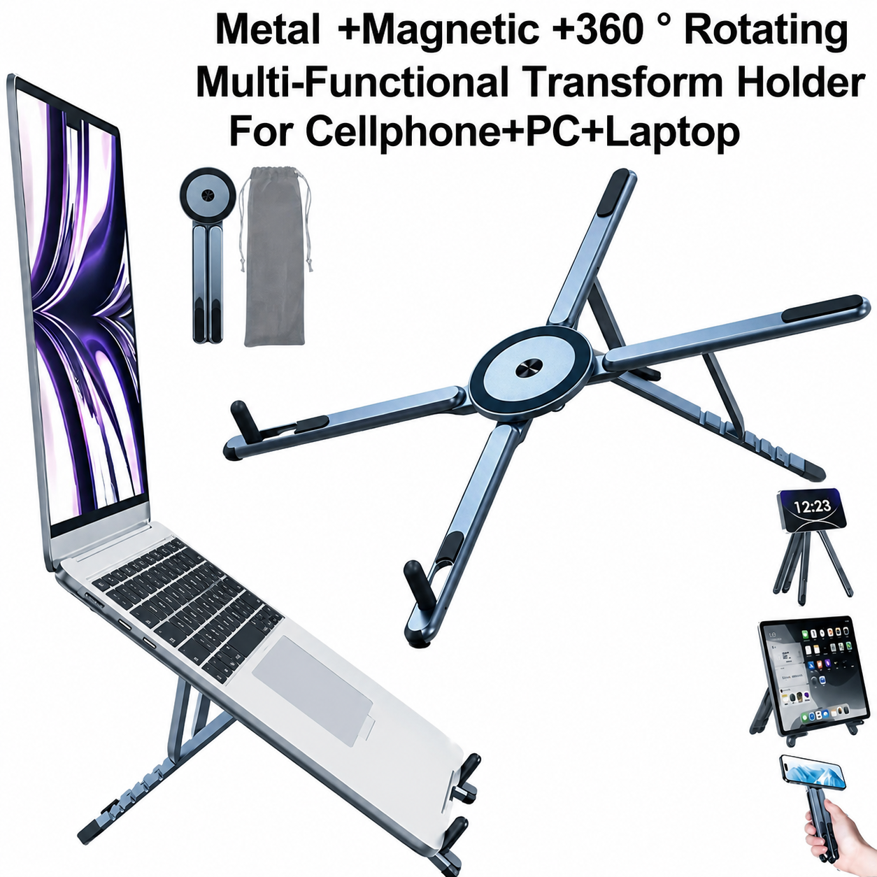 Grayish blue Foldable Magnetic Phone & Tablet Stand Aluminium Alloy Laptop Holder Adjustable Desktop Stand for Mobile Phone, Tablet and Notebook