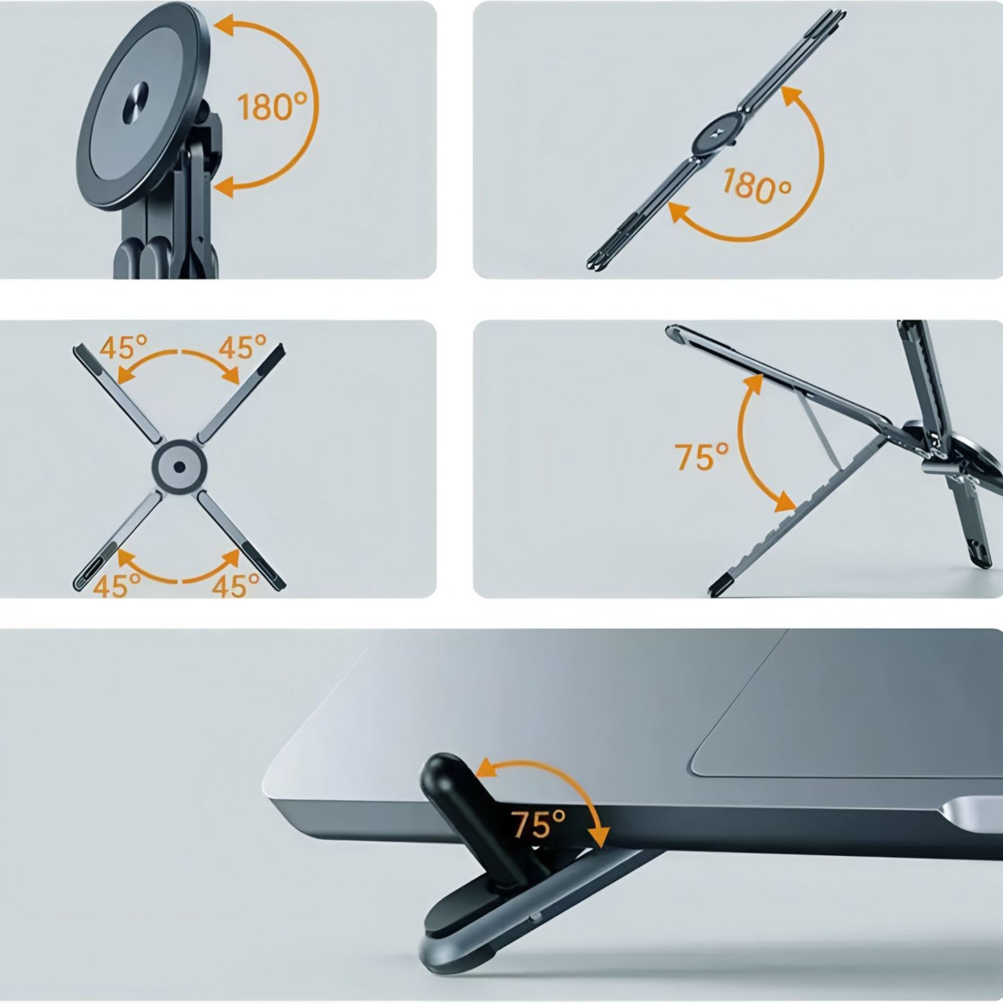 Orange Foldable Magnetic Phone & Tablet Stand Aluminium Alloy Laptop Holder Adjustable Desktop Stand for Mobile Phone, Tablet and Notebook