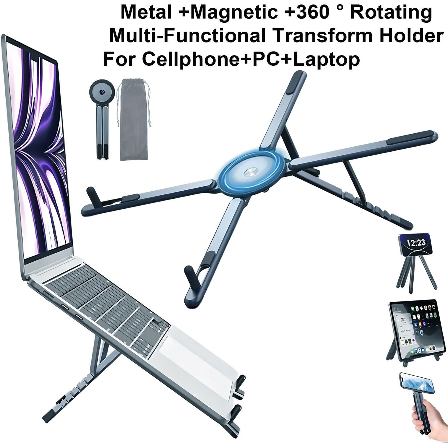 Gray Foldable Magnetic Phone & Tablet Stand Aluminium Alloy Laptop Holder Adjustable Desktop Stand for Mobile Phone, Tablet and Notebook