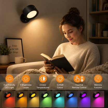 Magnetic RGB LED Wall Light Rechargeable Bedside Reading Lamp 360° Adjustable Wall Sconce with Remote Control