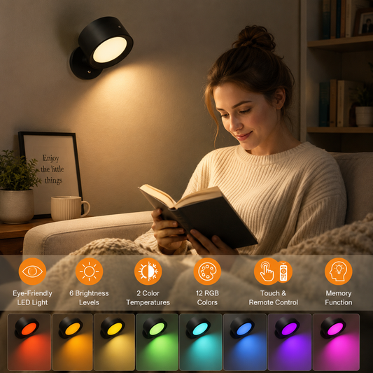 Magnetic RGB LED Wall Light Rechargeable Bedside Reading Lamp 360° Adjustable Wall Sconce with Remote Control