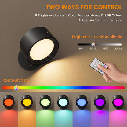 Magnetic RGB LED Wall Light Rechargeable Bedside Reading Lamp 360° Adjustable Wall Sconce with Remote Control