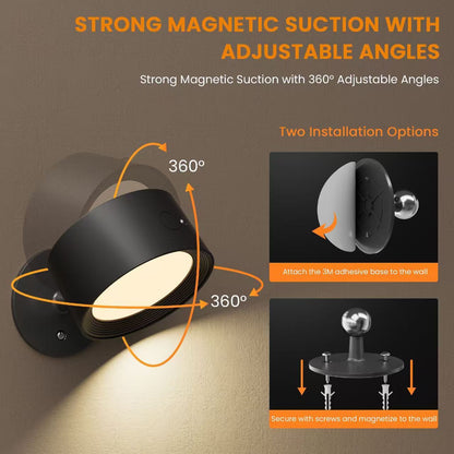 Magnetic RGB LED Wall Light Rechargeable Bedside Reading Lamp 360° Adjustable Wall Sconce with Remote Control