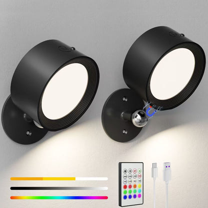 Magnetic RGB LED Wall Light Rechargeable Bedside Reading Lamp 360° Adjustable Wall Sconce with Remote Control
