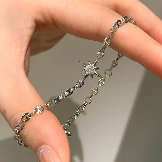 Silver North Star Crystal Charm Bracelet Lucky Star Chain Bracelet for Women Minimalist Celestial Jewellery
