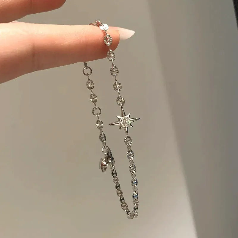 Silver North Star Crystal Charm Bracelet Lucky Star Chain Bracelet for Women Minimalist Celestial Jewellery