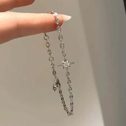 Silver North Star Crystal Charm Bracelet Lucky Star Chain Bracelet for Women Minimalist Celestial Jewellery