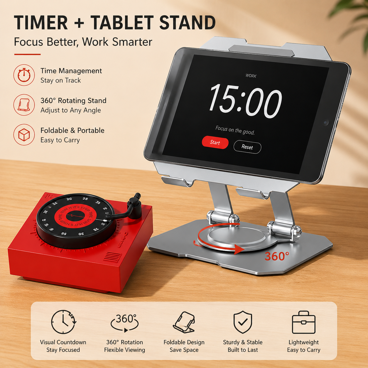 Study Focus Timer (red) and Foldable Metal Tablet Stand (Silver) Set, Mechanical Countdown Timer with Adjustable Aluminium Alloy Device Holder