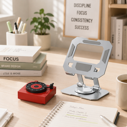 Study Focus Timer (red) and Foldable Metal Tablet Stand (Silver) Set, Mechanical Countdown Timer with Adjustable Aluminium Alloy Device Holder