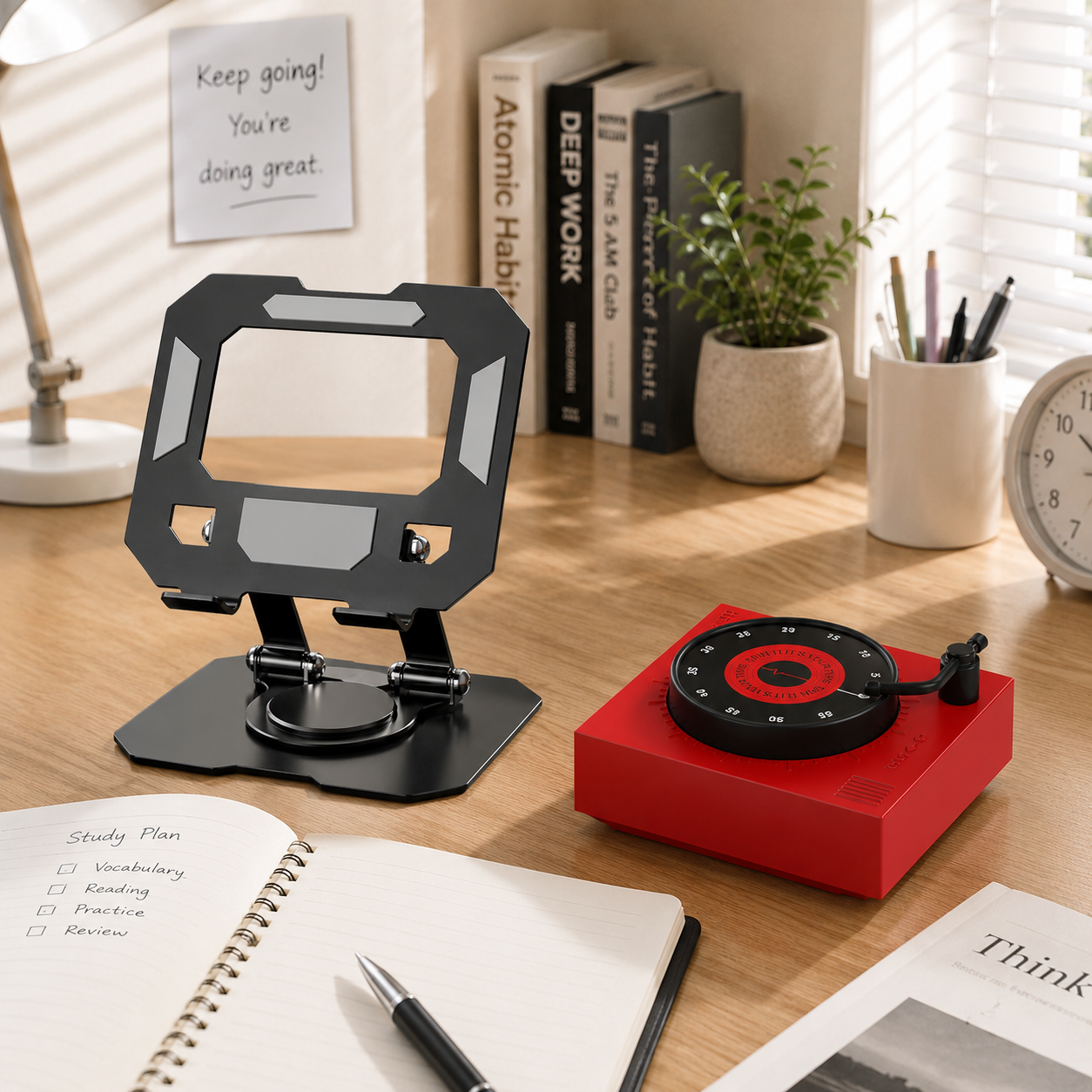 Study Focus Timer (Red) and Foldable Metal Tablet Stand (Black) Set, Mechanical Countdown Timer with Adjustable Aluminium Alloy Device Holder