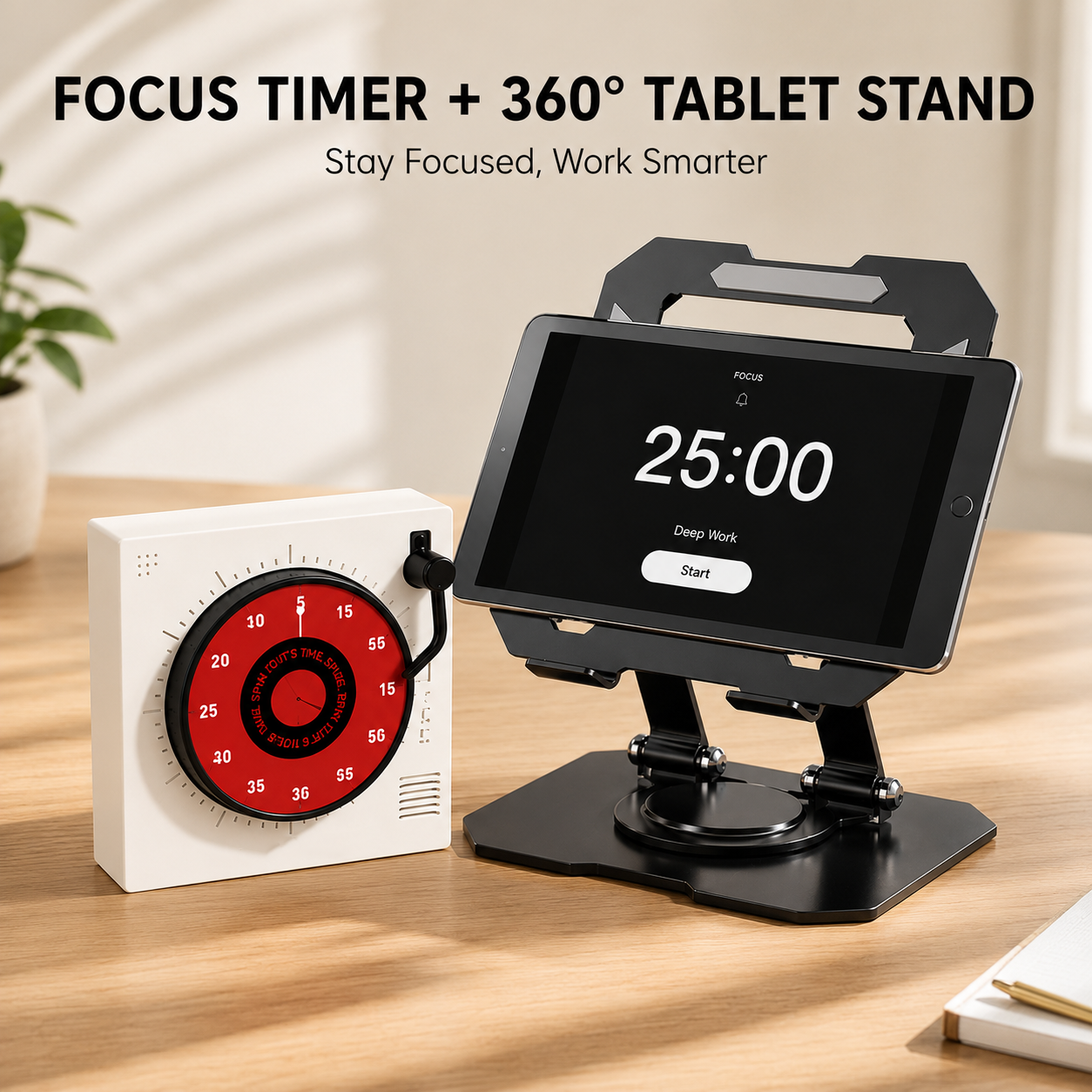 Study Focus Timer (White) and Foldable Metal Tablet Stand (Black) Set, Mechanical Countdown Timer with Adjustable Aluminium Alloy Device Holder
