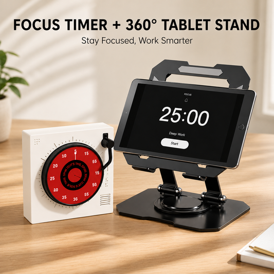 Study Focus Timer (White) and Foldable Metal Tablet Stand (Black) Set, Mechanical Countdown Timer with Adjustable Aluminium Alloy Device Holder