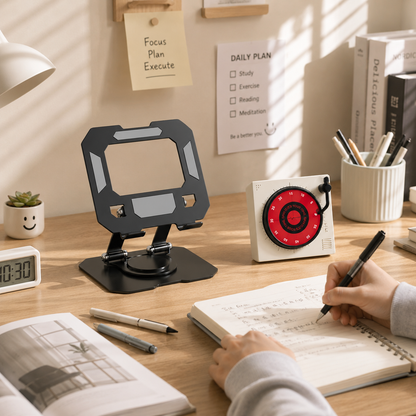 Study Focus Timer (White) and Foldable Metal Tablet Stand (Black) Set, Mechanical Countdown Timer with Adjustable Aluminium Alloy Device Holder