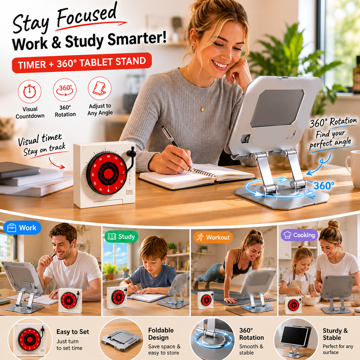 Study Focus Timer (White) and Foldable Metal Tablet Stand (Silver) Set, Mechanical Countdown Timer with Adjustable Aluminium Alloy Device Holder
