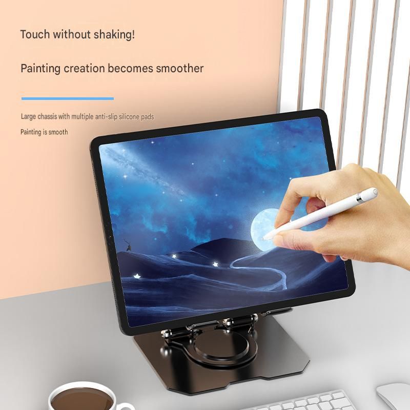 Black Adjustable Aluminium Alloy Tablet Stand with 360° Rotation, Foldable Metal Desk Holder for iPad, Tablets, E-Readers and Smartphones