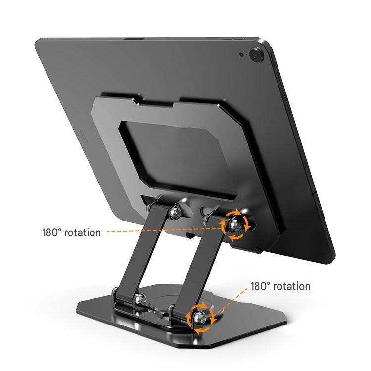 Silver Adjustable Aluminium Alloy Tablet Stand with 360° Rotation, Foldable Metal Desk Holder for iPad, Tablets, E-Readers and Smartphones