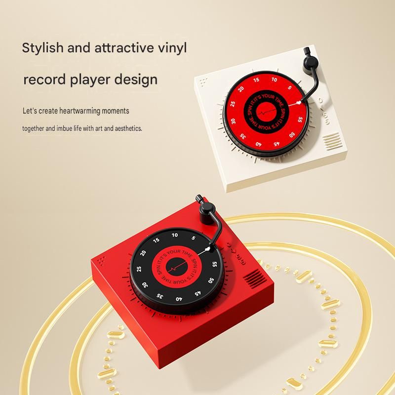 Red Record Player Mechanical Timer Magnet Timer for Study, Productivity and Time Management, Wind-Up Countdown Alarm, No Battery Required, Pomodoro Timer