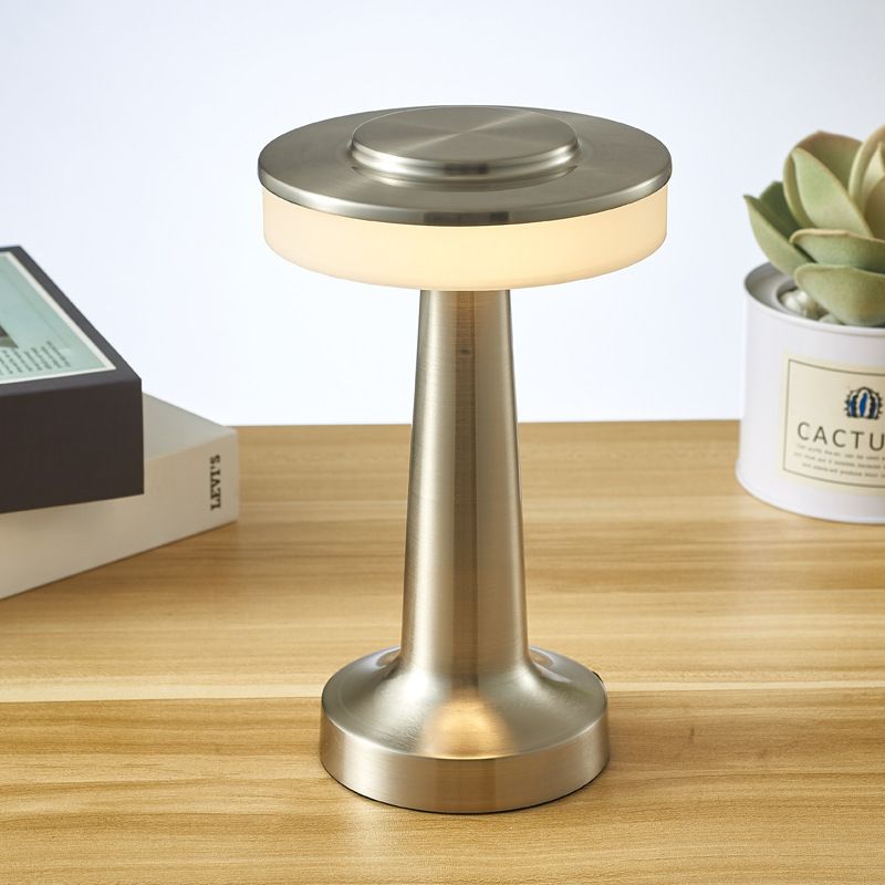 Silver Rechargeable UFO Table Lamp Touch Control LED Bedside Night Light, Cordless Mushroom Desk Lamp for Bedroom Living Room Restaurant Bar Camping