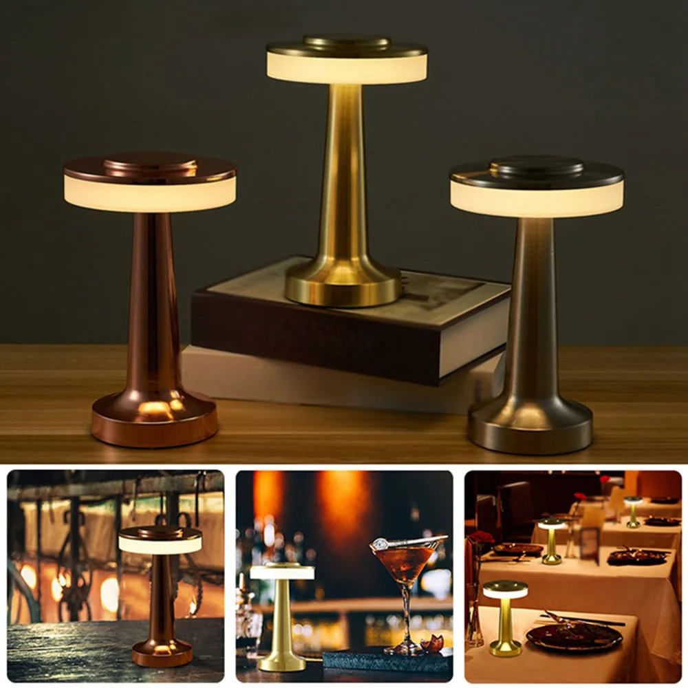 Black Rechargeable UFO Table Lamp Touch Control LED Bedside Night Light, Cordless Mushroom Desk Lamp for Bedroom Living Room Restaurant Bar Camping