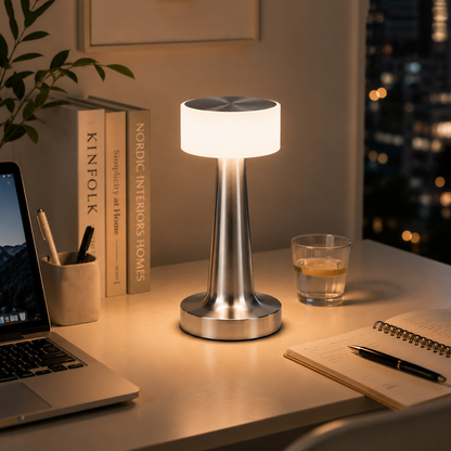 Silver Rechargeable Acrylic Shade UFO Table Lamp Touch Control LED Bedside Night Light, Cordless Ambient Desk Lamp for Bedroom Living Room Camping