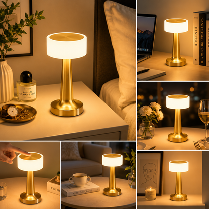 Gold Rechargeable Acrylic Shade UFO Table Lamp Touch Control LED Bedside Night Light, Cordless Ambient Desk Lamp for Bedroom Living Room Camping