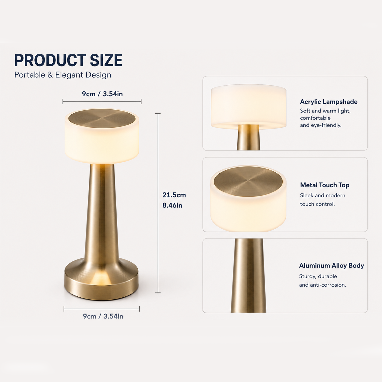 Gold Rechargeable Acrylic Shade UFO Table Lamp Touch Control LED Bedside Night Light, Cordless Ambient Desk Lamp for Bedroom Living Room Camping