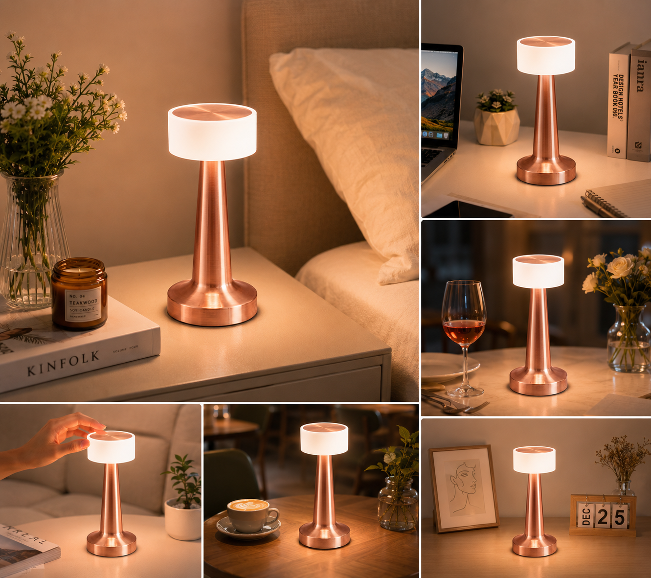 Copper Rechargeable Acrylic Shade UFO Table Lamp Touch Control LED Bedside Night Light, Cordless Ambient Desk Lamp for Bedroom Living Room Camping