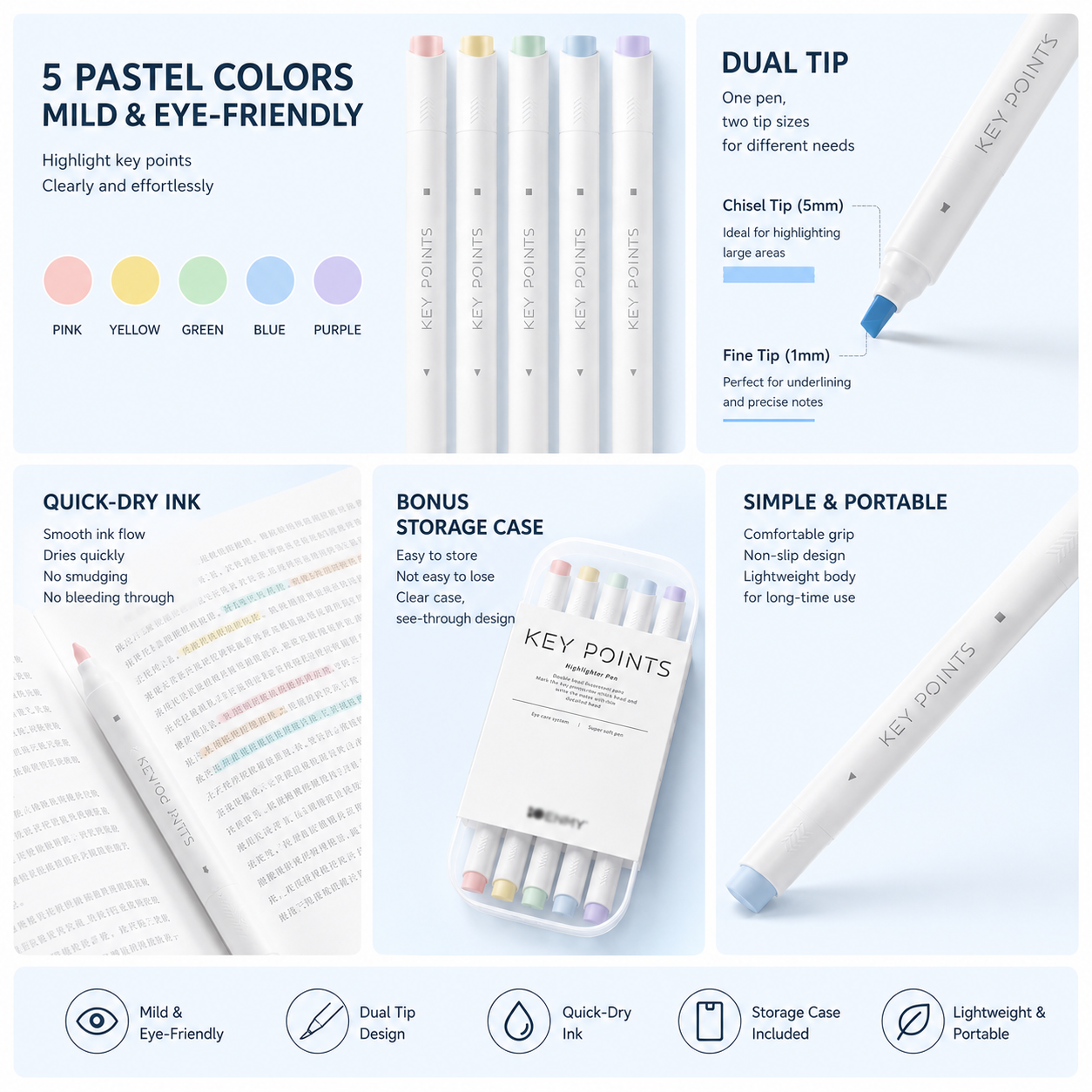 Pastel Dual Tip Highlighter Pen Set 5 Colours with Storage Case, Macaron Mildliner Marker Pens for Study Notes Journaling Planning and Office Use