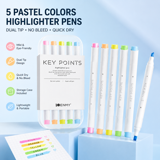 Pastel Dual Tip Highlighter Pen (Fluorescent color) Set 5 Colours with Storage Case, Macaron Mildliner Marker Pens for Study Notes Journaling Planning and Office Use