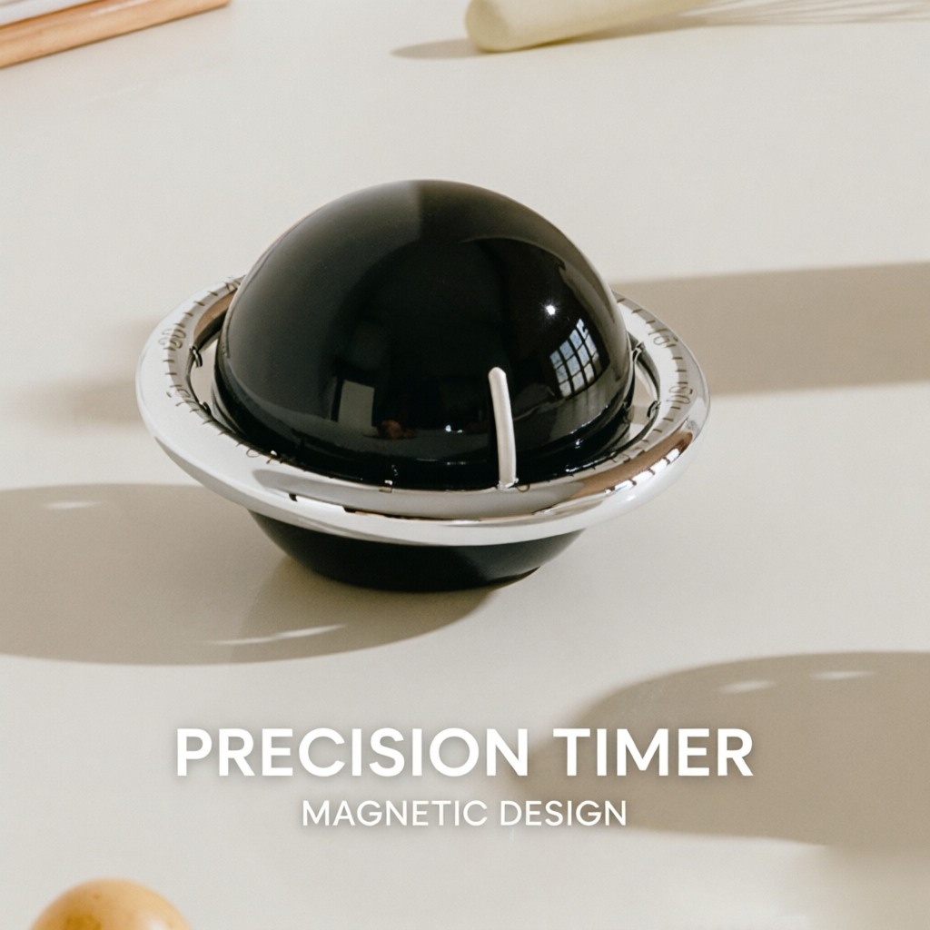Black Retro Planet Mechanical Kitchen Timer Magnetic Countdown Clock Battery-Free Metal Core Loud Alarm for Cooking Study