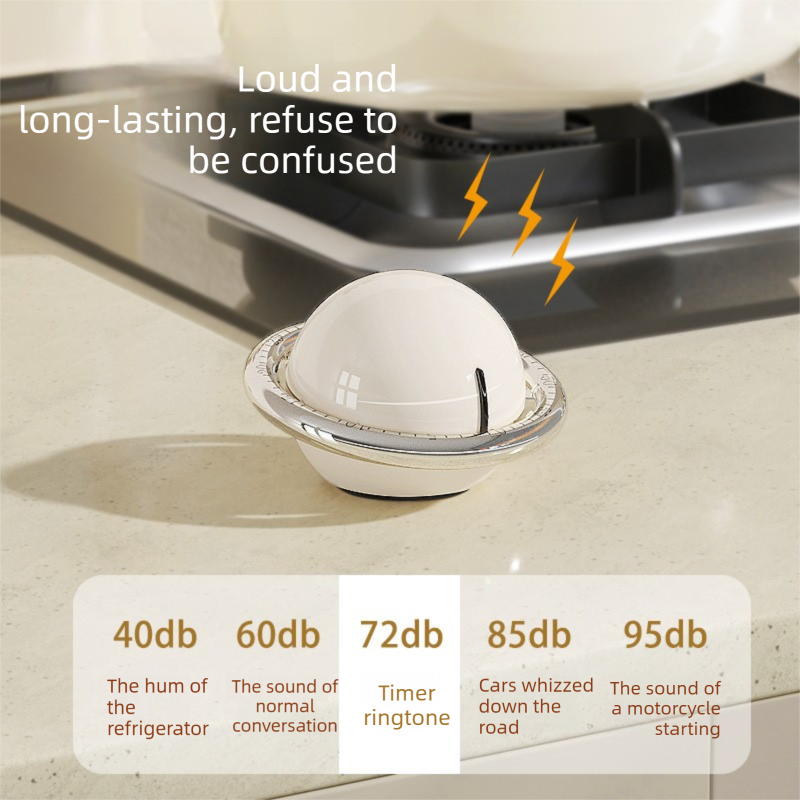 Beige Retro Planet Mechanical Kitchen Timer Magnetic Countdown Clock Battery-Free Metal Core Loud Alarm for Cooking Study