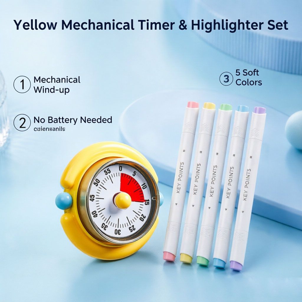 Macaron Pastel Dual-Tip Highlighter & Magnetic Mechanical Timer(Yellow) Set - Visual Time Management for Study, Cooking & Productivity