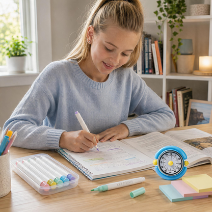 Macaron Pastel Dual-Tip Highlighter & Magnetic Mechanical Timer(Blue) Set - Visual Time Management for Study, Cooking & Productivity