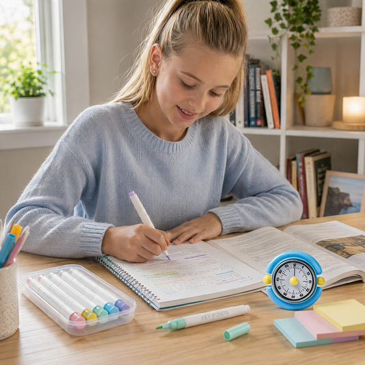 Macaron Pastel Dual-Tip Highlighter & Magnetic Mechanical Timer(Blue) Set - Visual Time Management for Study, Cooking & Productivity