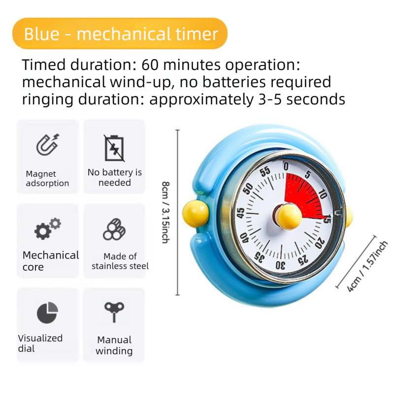 Blue Visual Mechanical Kitchen Timer with Magnetic Backing - Battery-Free Countdown Alarm for Cooking, Study & Time Management