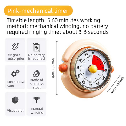 Pink Visual Mechanical Kitchen Timer with Magnetic Backing - Battery-Free Countdown Alarm for Cooking, Study & Time Management