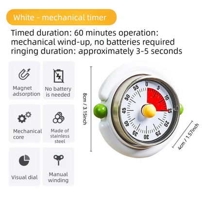 White Visual Mechanical Kitchen Timer with Magnetic Backing - Battery-Free Countdown Alarm for Cooking, Study & Time Management