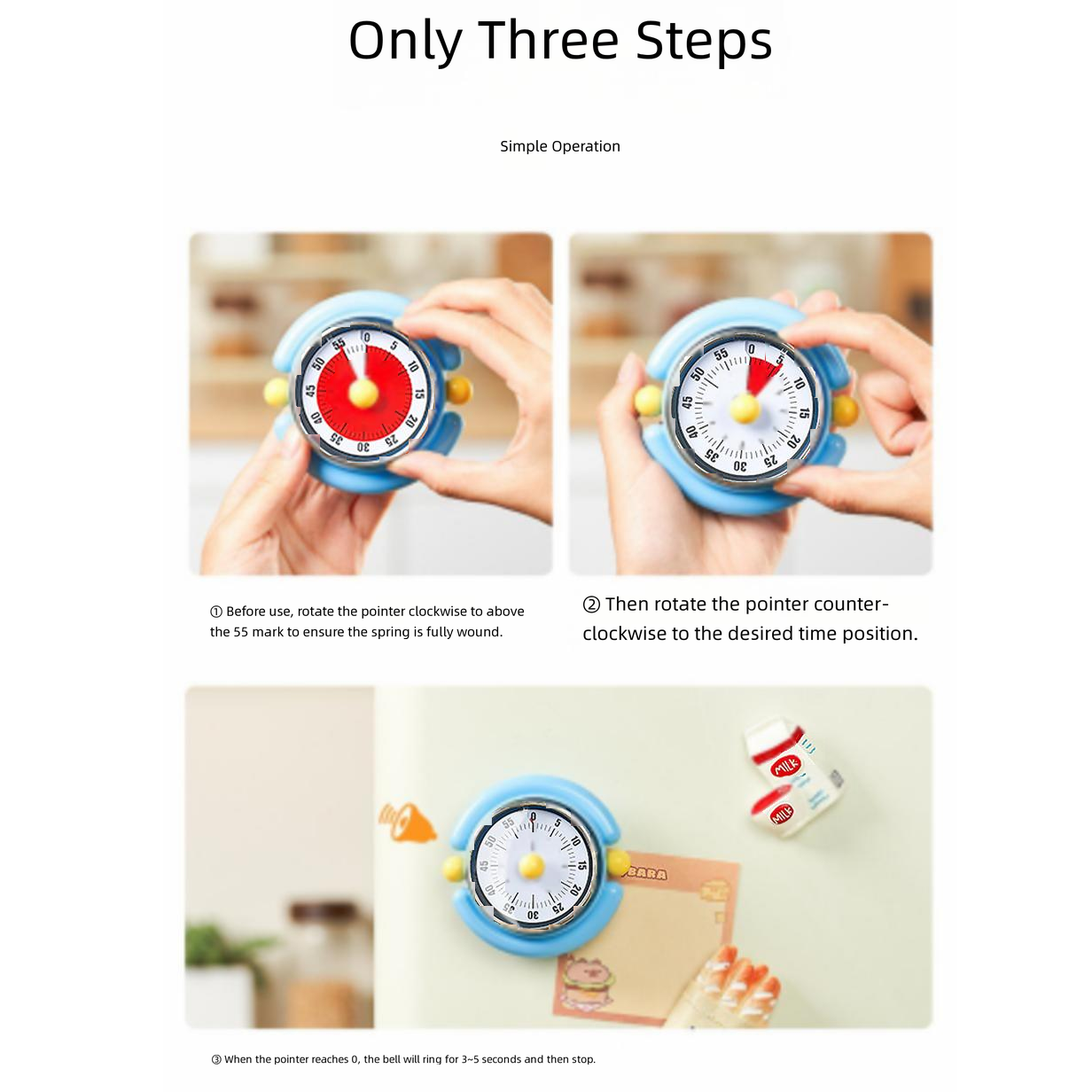 White Visual Mechanical Kitchen Timer with Magnetic Backing - Battery-Free Countdown Alarm for Cooking, Study & Time Management