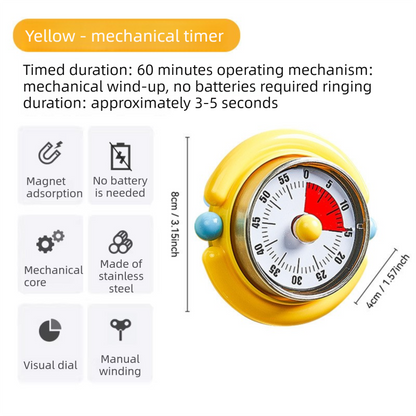 Yellow Visual Mechanical Kitchen Timer with Magnetic Backing - Battery-Free Countdown Alarm for Cooking, Study & Time Management