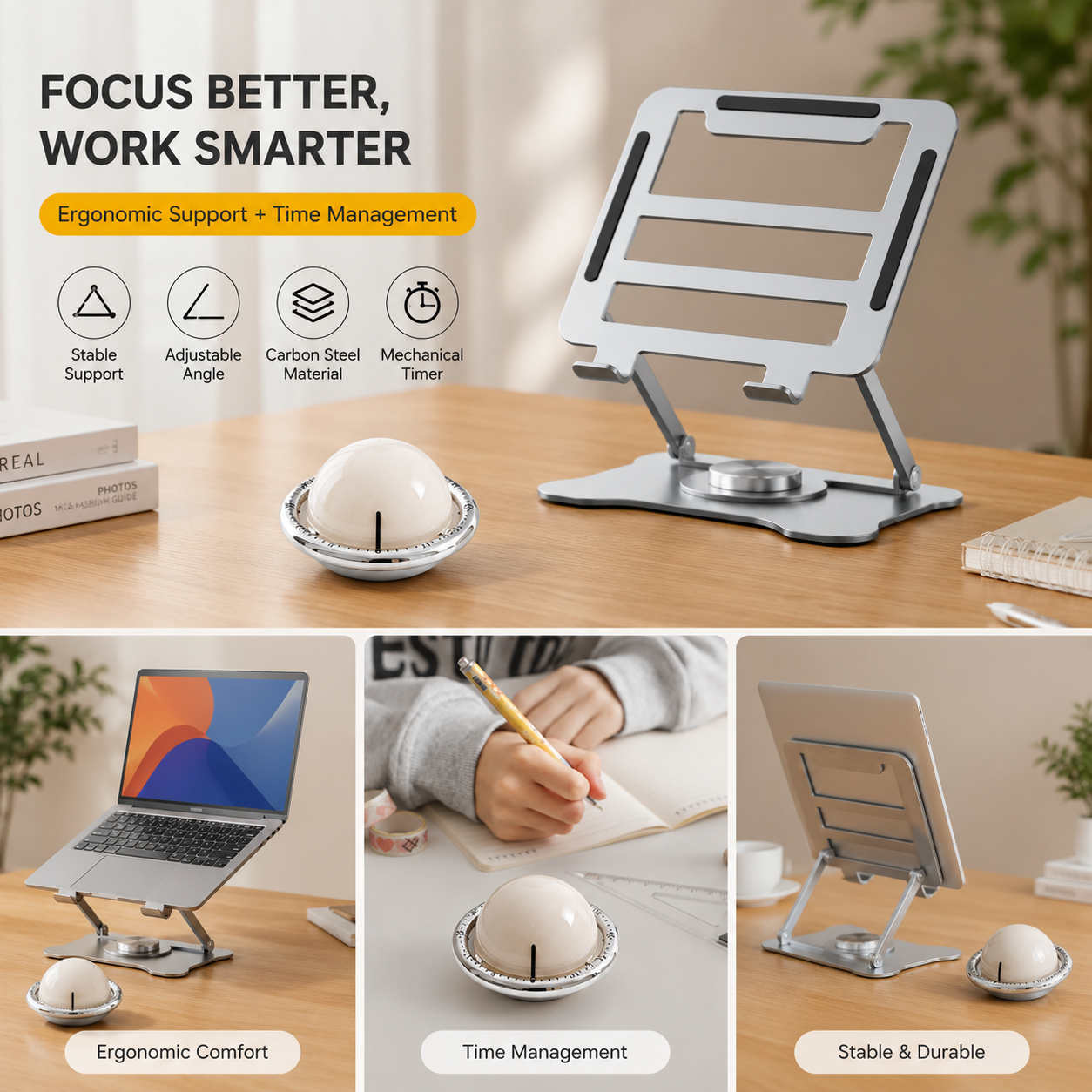 360° Rotating Laptop Stand(Silver) & Magnetic Mechanical Timer(Beige) Set - Ergonomic Cooling Desk Organizer for Study, Cooking & Productivity