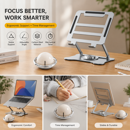 360° Rotating Laptop Stand(Silver) & Magnetic Mechanical Timer(Beige) Set - Ergonomic Cooling Desk Organizer for Study, Cooking & Productivity