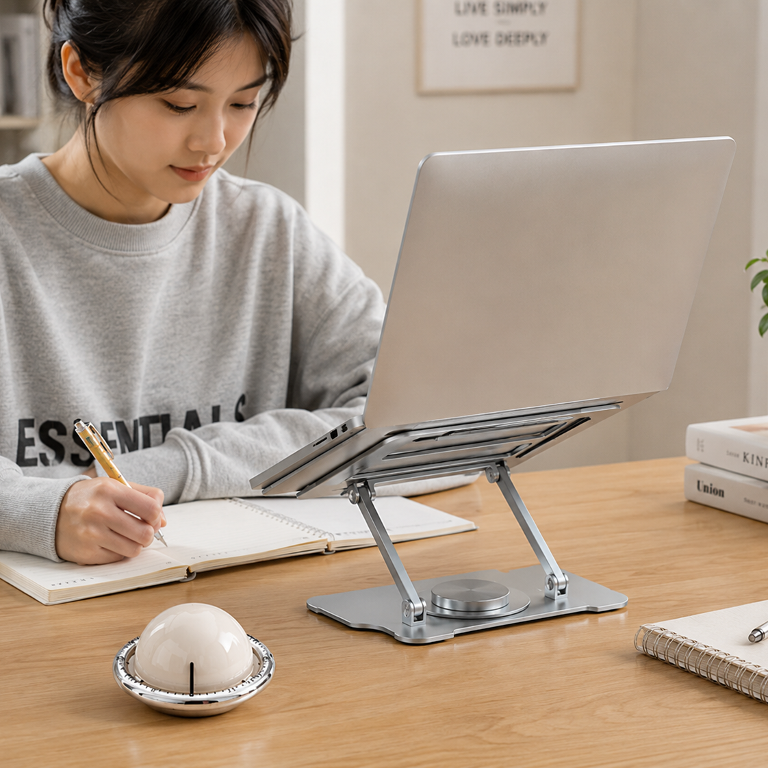 360° Rotating Laptop Stand(Silver) & Magnetic Mechanical Timer(Beige) Set - Ergonomic Cooling Desk Organizer for Study, Cooking & Productivity