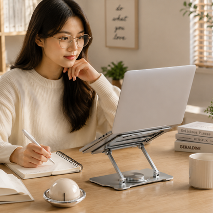 360° Rotating Laptop Stand(Silver) & Magnetic Mechanical Timer(Beige) Set - Ergonomic Cooling Desk Organizer for Study, Cooking & Productivity