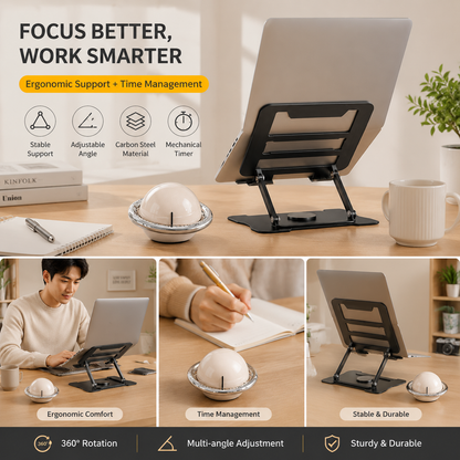 360° Rotating Laptop Stand(Black) & Magnetic Mechanical Timer(Beige) Set - Ergonomic Cooling Desk Organizer for Study, Cooking & Productivity