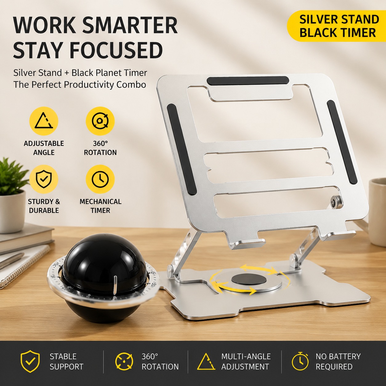 360° Rotating Laptop Stand(Silver) & Magnetic Mechanical Timer(Black) Set - Ergonomic Cooling Desk Organizer for Study, Cooking & Productivity