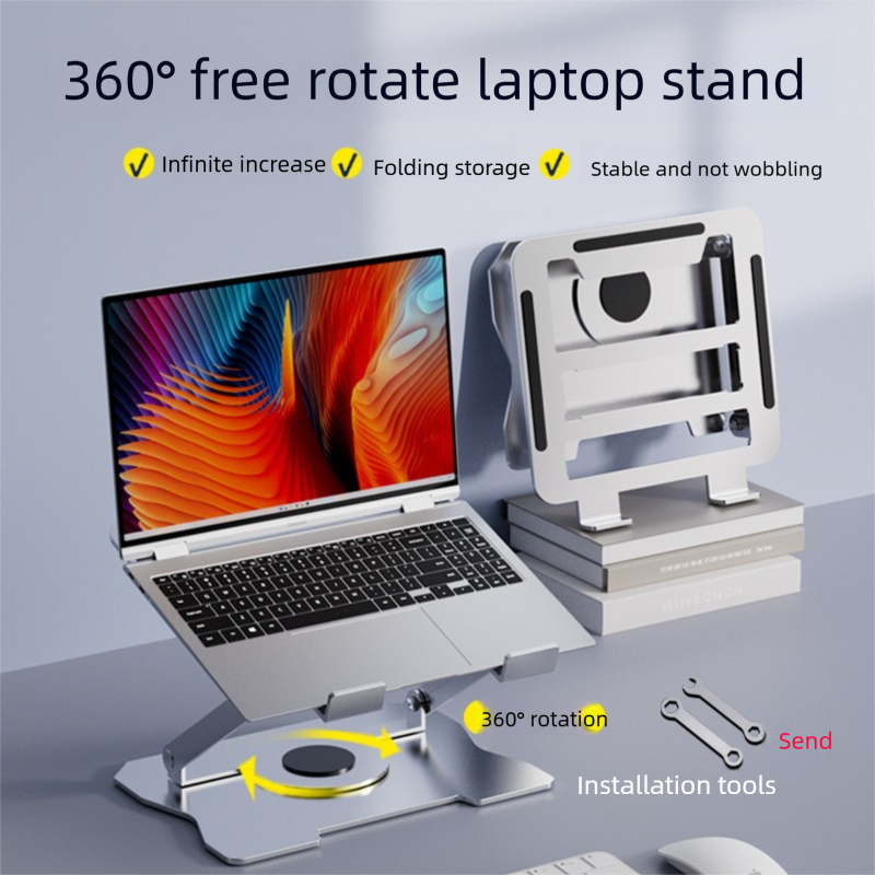 360° Rotating Laptop Stand(Silver) & Magnetic Mechanical Timer(Black) Set - Ergonomic Cooling Desk Organizer for Study, Cooking & Productivity